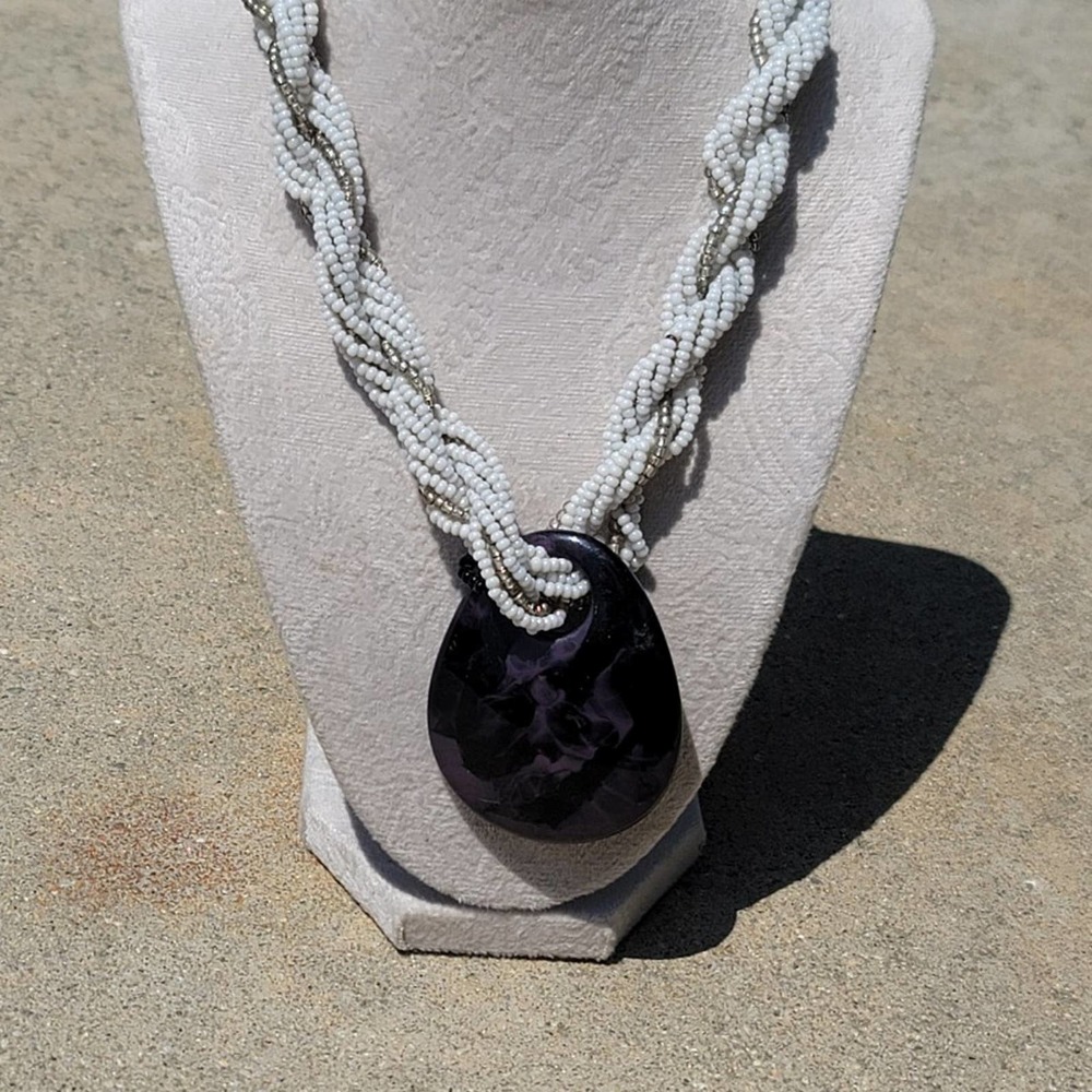 Vtg Beaded Braided Necklace With Pendant